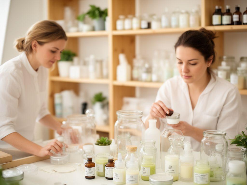 Mitarbeitende in einem hellen Atelier mit Naturkosmetik, Holzregalen und sorgfältig beschrifteten Glasbehältern