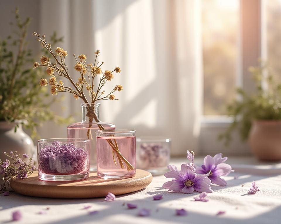 Naturkosmetik und Kräuterprodukte in einem stillen Atelier mit Glasgefässen, getrockneten Blüten und weichem Tageslicht in Zürich