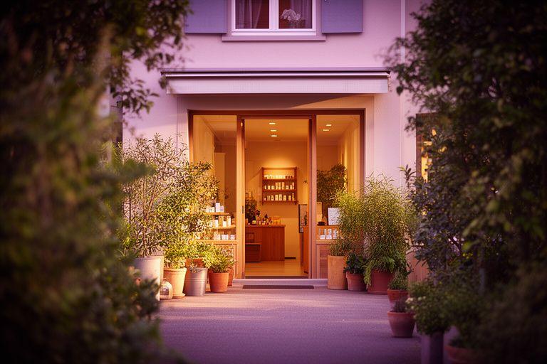 Einladender Eingang eines Naturkosmetik-Ateliers in Zürich mit Pflanzen, Holzdetails und warmem Licht